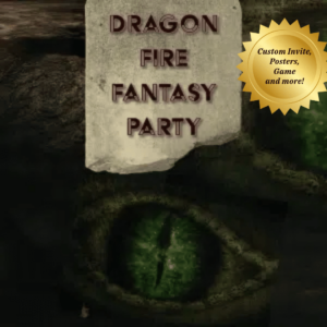 Dark fantasy-themed 'Dragon Fire Fantasy Party' design featuring a dragon's green eye, a stone-textured title plaque, and a golden badge promoting customizable invites, posters, and games.