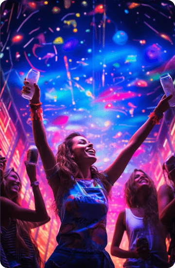 A group of young people celebrating at a neon-themed party, dancing under vibrant glowing lights with drinks in hand, enjoying an energetic and colorful atmosphere.
